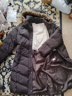 Calvin Klein Dark Brown Long Hooded Down Coat with Faux Fur Trim
